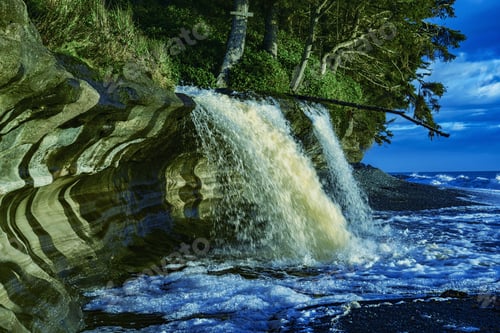 Preview: Sandcut Beach Waterfalls With Blue Sky Background