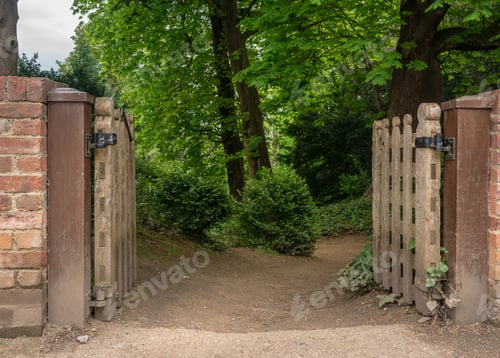 Preview: Wood Gates Leading Into A Dirt Path In A Dark Forest Or Wood