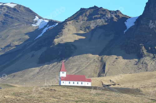 Preview: Cute Red Roofed Church On The Hills Of Vik Iceland.