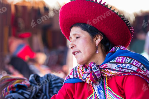 Preview: Chinchero Peru -May 18 : Lifestyle Photograph Of Woman In Chinchero Selling Products At The Market