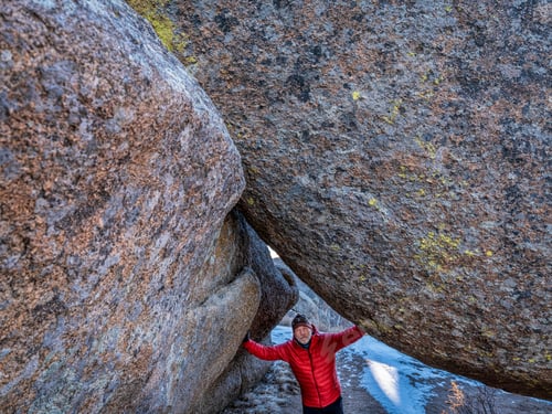 Preview: Senior Male Hiker And Granite Rock Formation In Vedauwoo Recreation Area, Wyoming, Known To The