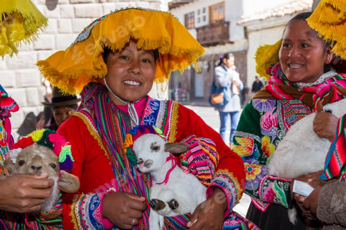 Preview: Cusco, Peru - May 12 : Native Women Dressed In Colorful Beautiful Clothing Posing With Baby Lamb