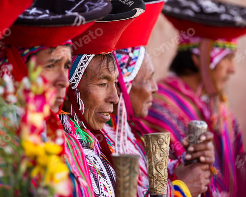 Preview: Pisac, Peru - May 15: Quechua Elders In Traditional Clothing In A Small Ceremony In The Pisac