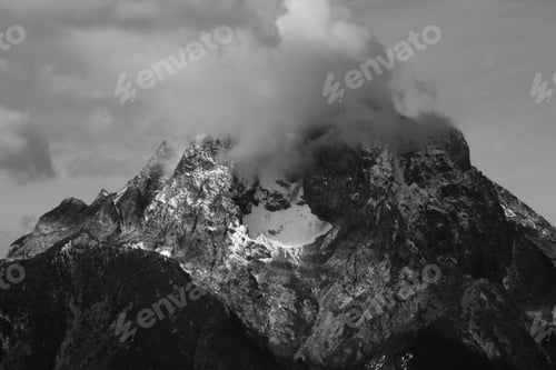 Preview: Mountains With A Cloud Cape In Black And White