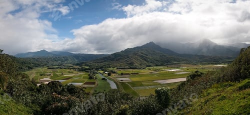 Preview: Kauai'S Hanalei Valley In Wide Panorama Format Showing The Flooded Taro Fields