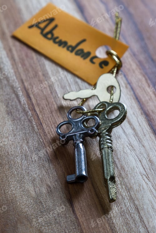 Preview: Concept For A Happy Abundant Life Using Old Decorative Keys And A Hand Written Tag Attached By A