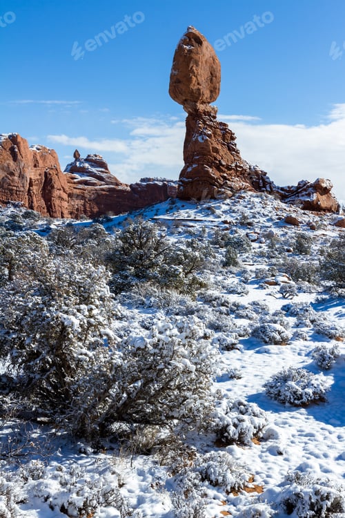 Preview: Balanced Rock In Arches National Park Early Winter With Lots Of Snow On The Ground