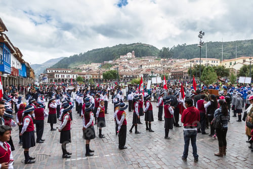 Preview: Cusco, Peru - May 12 : School Children In Uniform In A Civic Parade Celebrating National