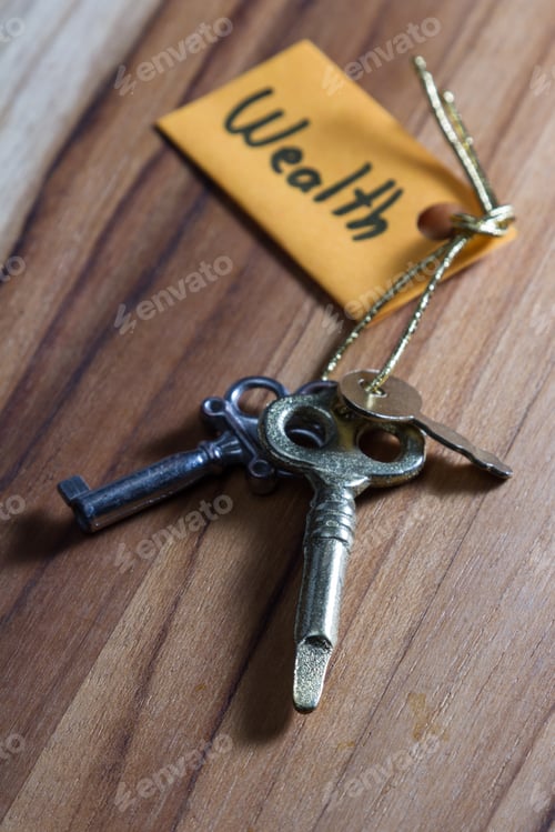 Preview: Concept For A Happy Life Using An Old Decorative Key And A Hand Written Tag Attached By A Golden