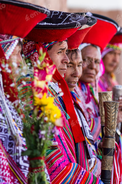 Preview: Pisac, Peru - May 15: Quechua Elders In Traditional Clothing In A Small Ceremony In The Pisac