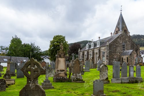 Preview: Perthshire Scotland - September 11 2019: Cemetery And Moulin Kirk, Now A Heritage Center In