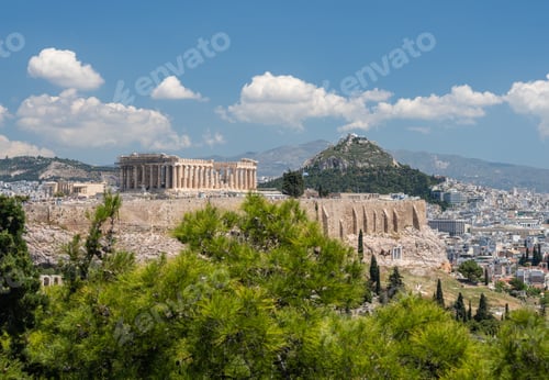 Preview: Acropolis And Lycabettus Hill Framed By Trees From The Summit Of Lycabettus Hill