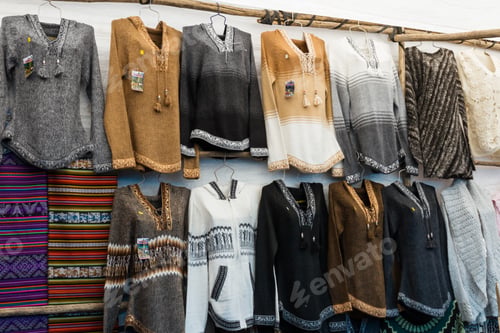 Preview: Pisac, Peru - May 15: Beautiful Sweaters Made With Alpaca And Llama Hair For Sale In The Pisac