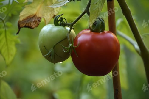 Preview: Red And Green Tomatos Growing In A Vegetable Garden.