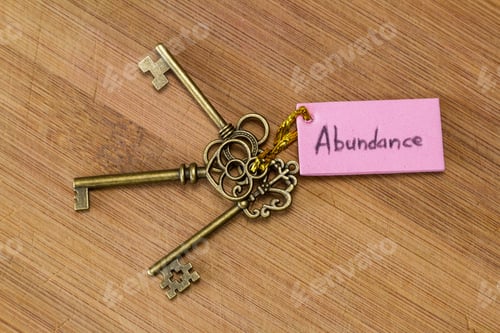 Preview: Concept Image Using Old Keys And A Tag With The Word Abundance Handwritten On It Over A Wooden