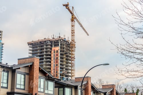 Preview: Home Or Office Building Construction With New Townhouses In Front.