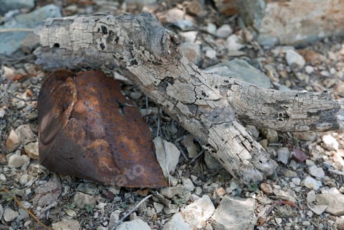 Preview: Old Rusty In Among Stones And Wood Outdoors