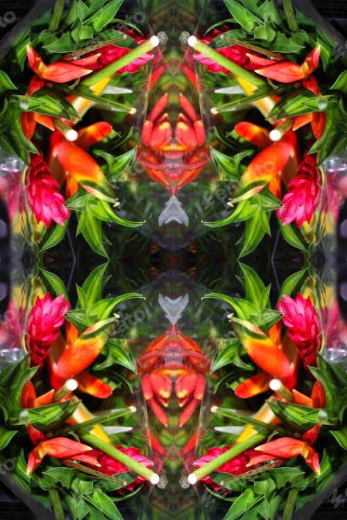 Preview: A Bright Tropical Bouquet Arrangement Abstract Including Bamboo And Pink Ginger Flowers 7912