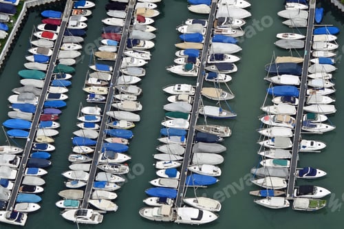 Preview: Aerial View Of Rows Of Yachts In A Harbor On Lake Constance