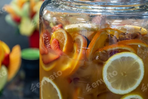 Preview: Landscape Photo Of A Jug Of Lemonade Close Up With Sliced Oranges And Strawberries In It With Fruit