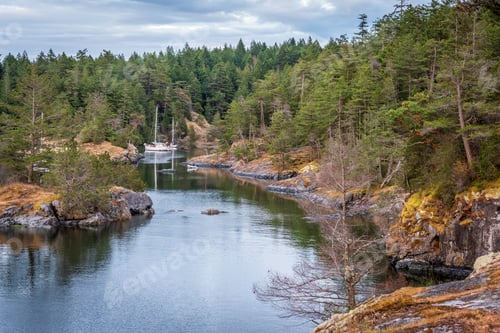 Preview: View Over Inlet, Ocean And Island With Boat And Rocks In Beautiful British Columbia. Canada.