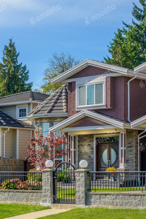 Preview: A Perfect Neighborhood. Houses In Suburb At Summer In The North America. Top Of A Luxury House With