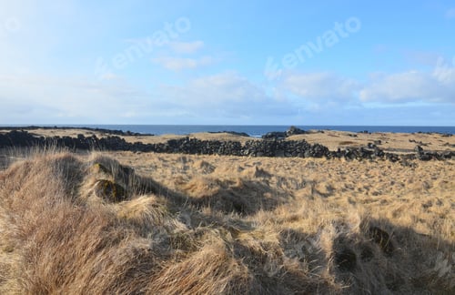 Preview: Stunning Grasslands With Rocks Walls In Iceland.