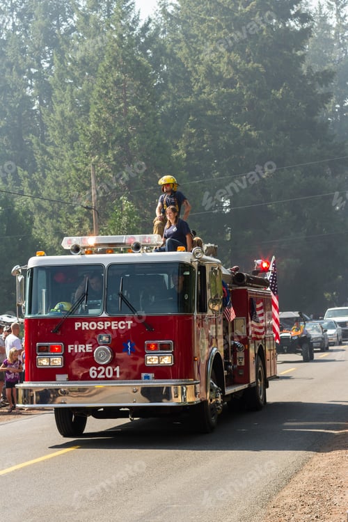 Preview: Prospect, Oregon - August 15 : Fire Truck In The Annual Parade At The Beginning Of The Jamboree And