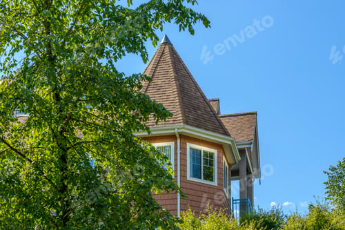 Aperçu: A Perfect Neighborhood. Houses In Suburb At Summer In The North America. Top Of A Luxury House With