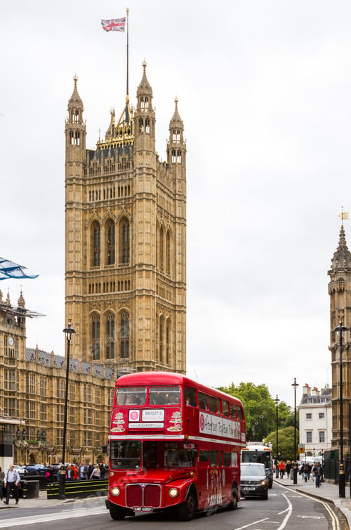 Preview: London - September 06 2019: Iconic Double Decker Bus Touring Houses Of Parliament, London September
