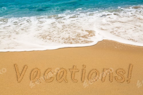 Preview: Vacations Words Written Into Sand On Beach By Warm Blue Ocean In Caribbean Advertising Vacations