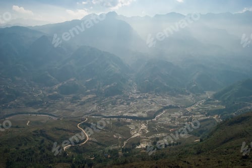 Preview: Rice Fields Terraces With Beautiful Mountains In The Background. Village At The Bottom Of The