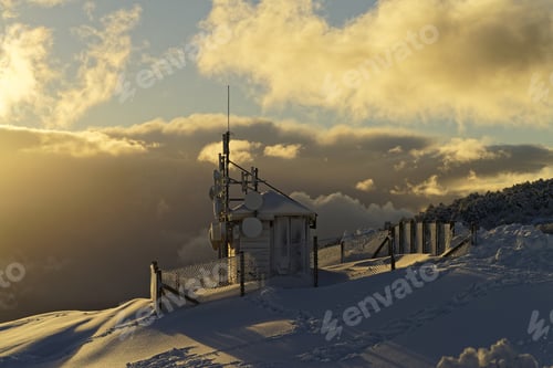 Preview: Colors Of The Sunset On The Heights Of A Snowy Volcano, In The Picture A Cabin With