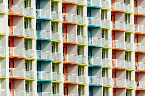 Preview: Bright Colorful Balconies On A Seaside Hotel On A Sunny Day