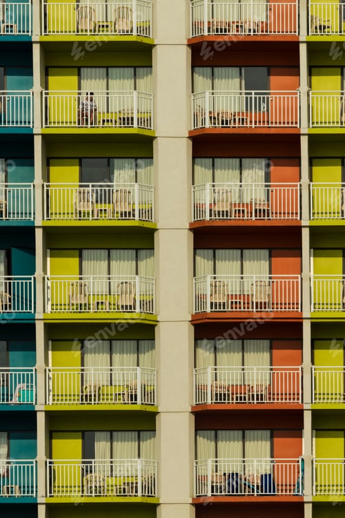Preview: Bright Colorful Balconies On A Seaside Hotel On A Sunny Day