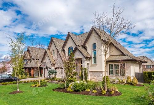 Preview: Beautiful Exterior Of Newly Built Luxury Home. Yard With Green Grass And Walkway Lead To Front