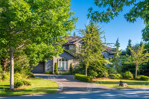 Preview: Beautiful Exterior Of Newly Built Luxury Home. Yard With Green Grass And Walkway Lead To Front