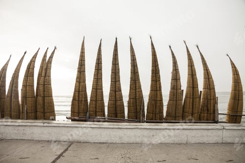 Preview: Boat At The Beach. Traditional Boats From The North Of Peru "Caballito De Totora"