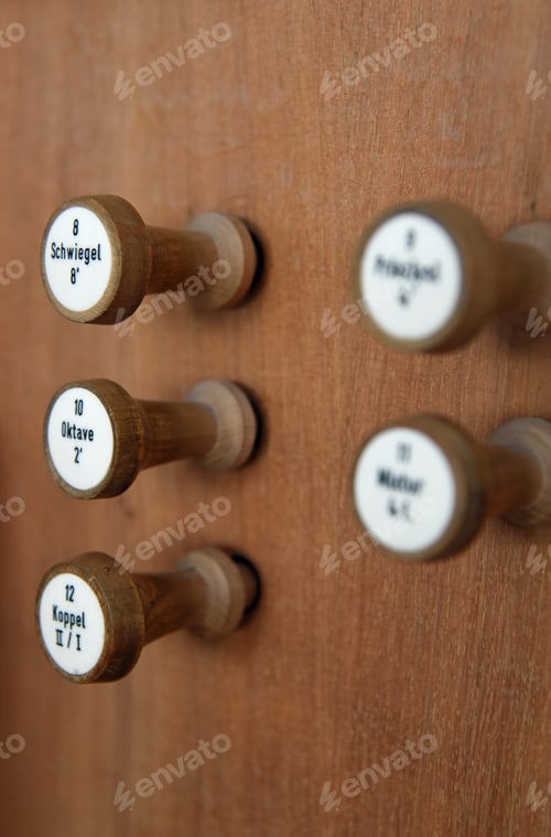Preview: Five Wooden Stops With German Denominations On A Church Organ