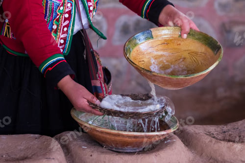 Preview: Close Up Of A Native Peruvian Woman Showing Traditional Methods For Washing Textiles