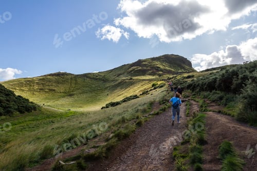 Preview: Edinburgh Scotland - September 13 2019: People Walking Towards Arthur'S Seat The Summit Of The