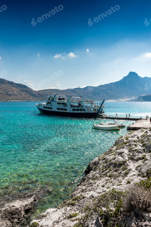 Preview: Scenic View Of Sea, Cruise Ship And Mountain Against Cloudy Sky, Crete Island, Greece