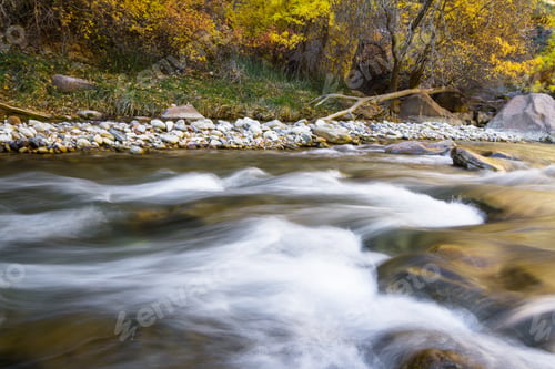 Preview: Beautiful Serene River Landscape In Autumn With White Water Over Rocks In Zion National Park, Utah