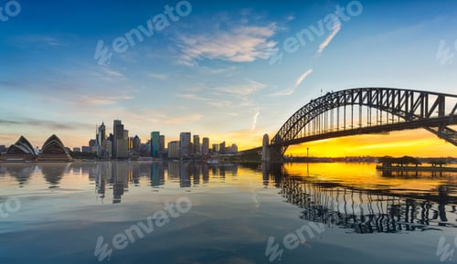 Preview: Dramatic Widescreen Panoramic Image Of The City Of Sydney At Sunset .