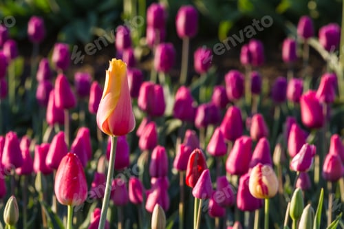 Preview: Beautiful Colorful Tulips In A Field Shot Right After Sunrise For A More Contrast And Dramatic