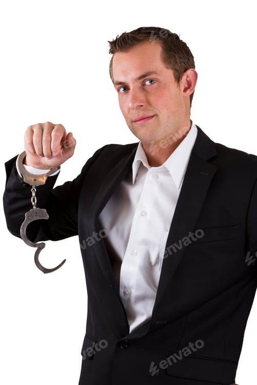 Preview: Young Business Man Smiling With Handcuffs On Isolated On A White Background