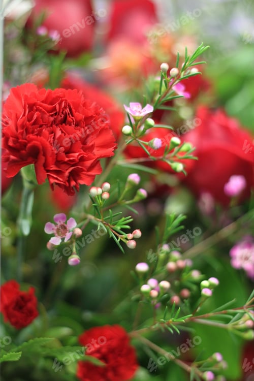 Preview: A Floral Bouquet Arrangement With Crimson Red Carnations And Pink Wax Flowers 8016