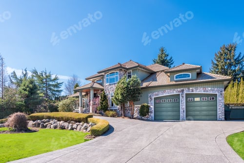 Preview: Beautiful Exterior Of Newly Built Luxury Home. Yard With Green Grass And Walkway Lead To Front