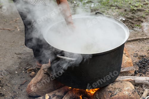 Preview: Image Of Rural Cooking In The Open. Traditional Way Of Cooking In Countryside.
