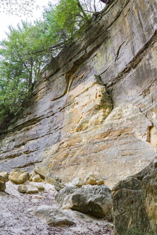 Preview: Large Sandstone Cliffs With Rocks That Have Fallen In The Past Turning Into Powder On The Ground